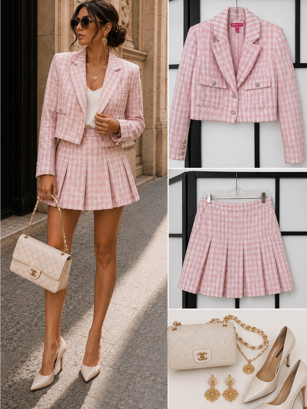 Aqua Cropped Pink Houndstooth Pleated Mini Skirt Set